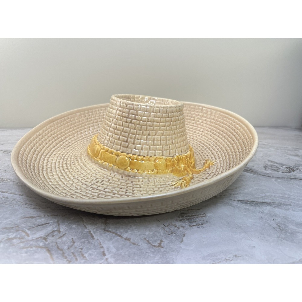 Vintage Whittier Pottery Sombrero Straw Hat Ceramic Chip & Dip Bowl USA WPO 86